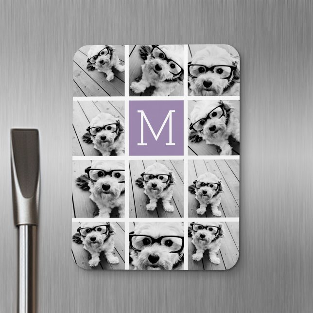 Lavender Instagram Photo Collage Custom Monogram Magnet (Personalized fridge magnet - add photos and custom text)