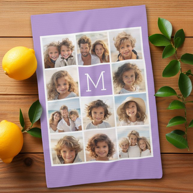 Lavender Instagram Photo Collage Custom Monogram Towel (11 Photo Personalized Kitchen Towel)