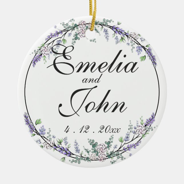 Lavender Ivory Rose and Eucalyptus Ceramic Ornament (Front)