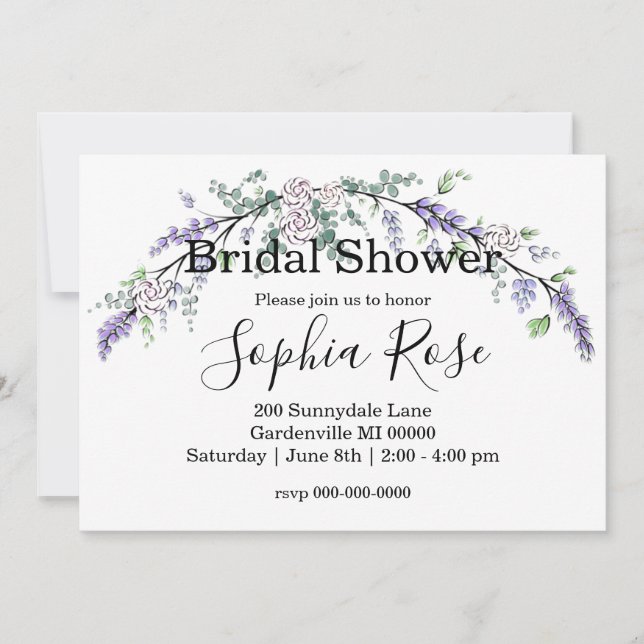 Lavender Ivory Rose and Eucalyptus Invitation (Front)