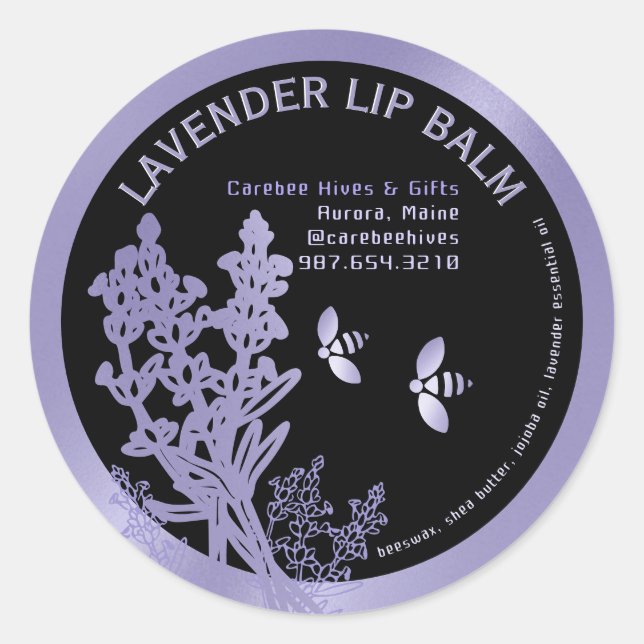 Lavender Label for Lip Balm flowers and bees (Front)