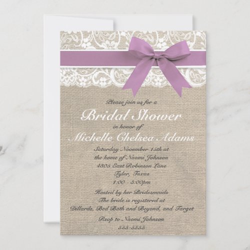 Lavender Lace Burlap Bridal Shower Invitation