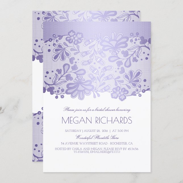 Lavender Lace Elegant Vintage White Bridal Shower Invitation (Front/Back)