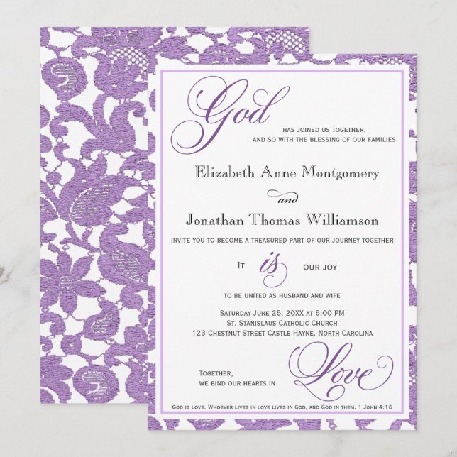 Lavender Lace God is Love Christian Wedding Invitation (Front/Back)