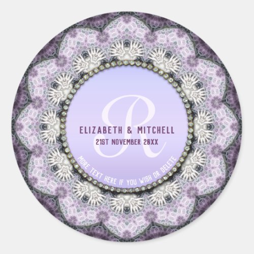 Lavender Lace  Monogram Wedding Gift Plate Classic Round Sticker
