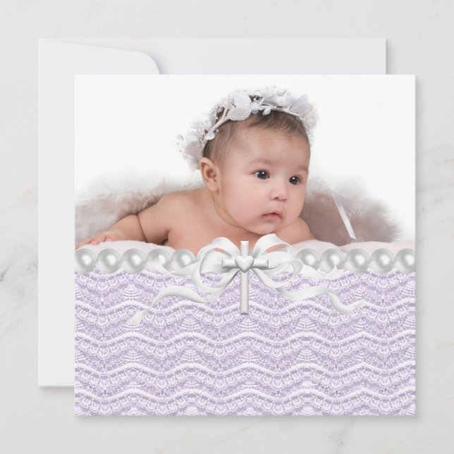 Lavender Lace Pearl Cross Christening Invitation (Front)