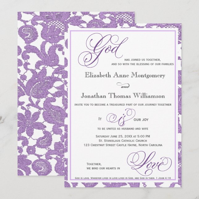 Lavender Lace Religious Wedding Invitation (Front/Back)