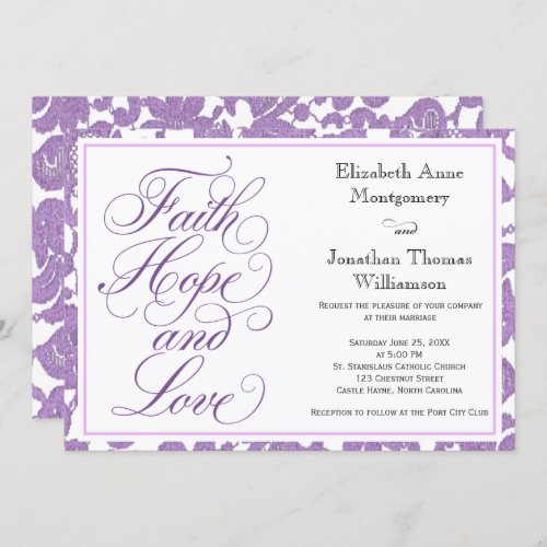 Lavender Lace Script Faith Hope  Love Wedding Invitation