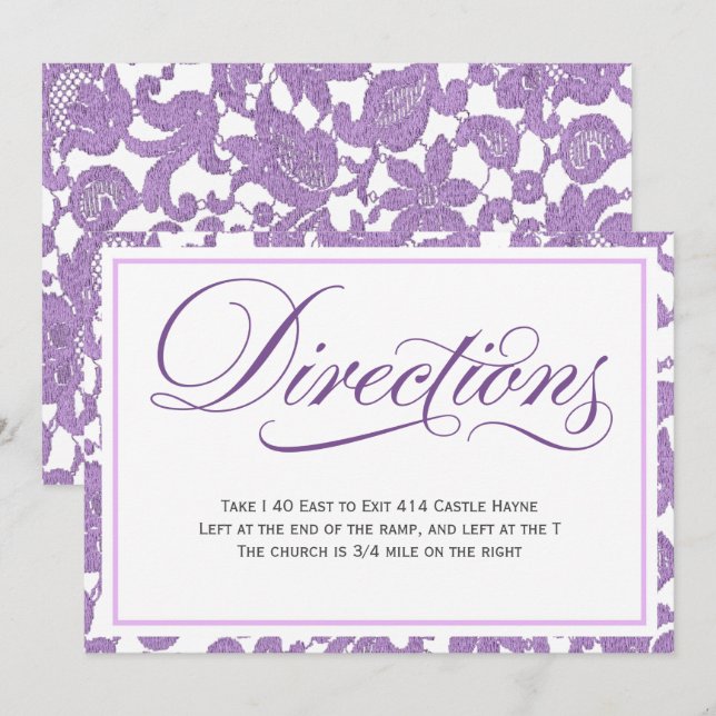 Lavender Lace Script Wedding Directions Enclosure Invitation (Front/Back)
