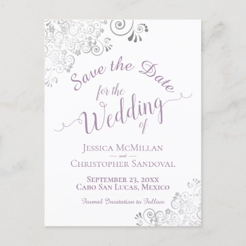 Lavender Lacy Silver Wedding Save the Date White Announcement Postcard