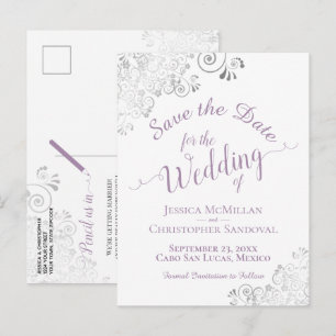 Lavender Lacy Silver Wedding Save the Date White Announcement Postcard