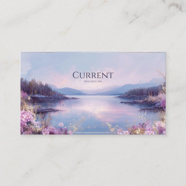 Lavender Lake Landscape Gold Floral Elegant Business Card (Front)