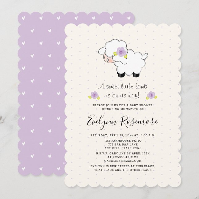 Lavender Lamb Baby Shower Invitations (Front/Back)