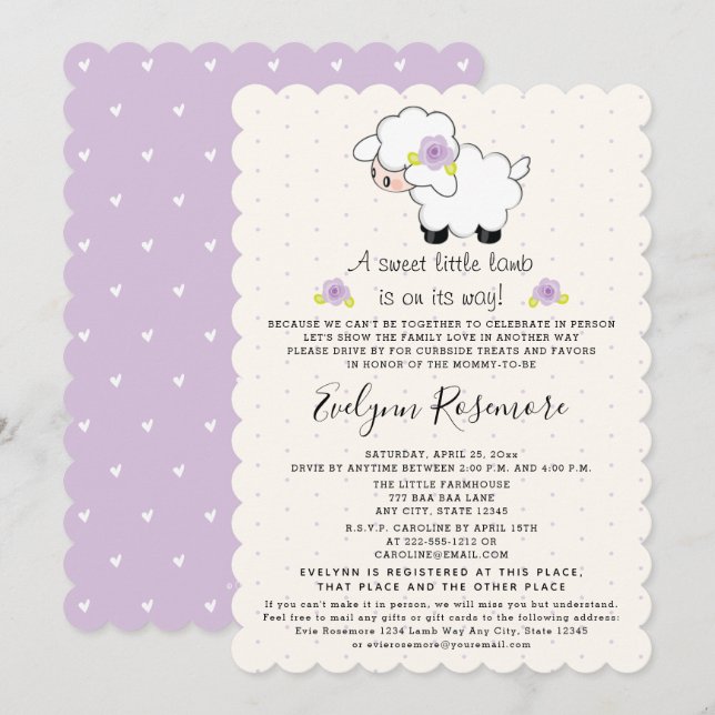 Lavender Lamb Drive By Baby Shower Invitations (Front/Back)