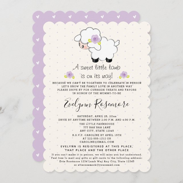 Lavender Lamb Drive By Baby Shower Invitations (Front/Back)