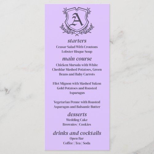 Lavender Leaf and FLoral Monogram Wedding Menu