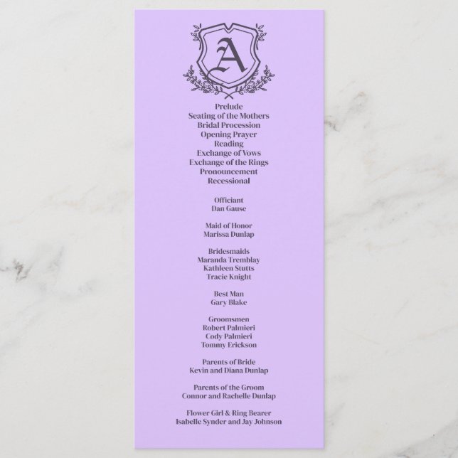Lavender Leaf and Floral Monogram Wedding Program (Front)