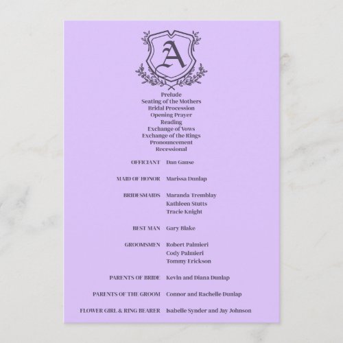 Lavender Leaf and Floral Monogram Wedding Program