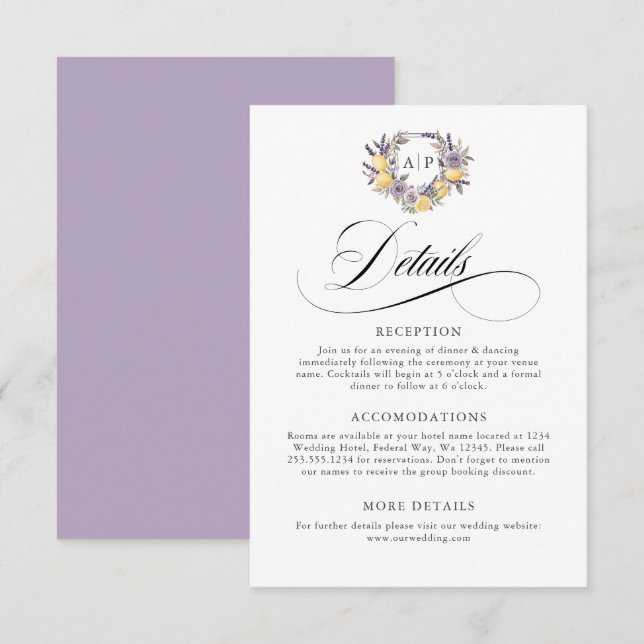 Lavender Lemon Monogram Floral Crest Details Enclosure Card (Front/Back)