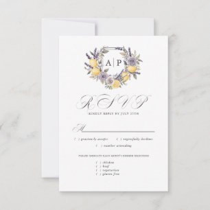 Lavender Lemon Monogram Floral Crest Meal Options RSVP Card