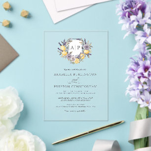 Lavender Lemon Monogram Floral Crest Wedding Acrylic Invitations
