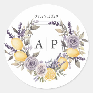 Lavender Lemon Monogram Floral Crest Wedding Classic Round Sticker