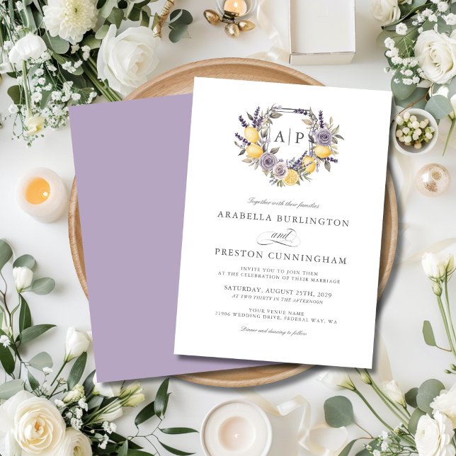 Lavender Lemon Monogram Floral Crest Wedding Invitation (Lavender Lemon Monogram Floral Crest Wedding Invitation)