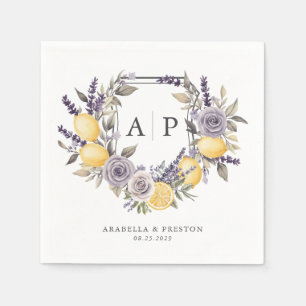 Lavender Lemon Monogram Floral Crest Wedding Napkins