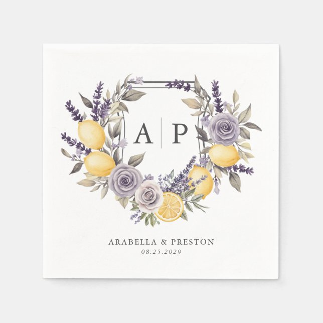 Lavender Lemon Monogram Floral Crest Wedding Napkins (Front)