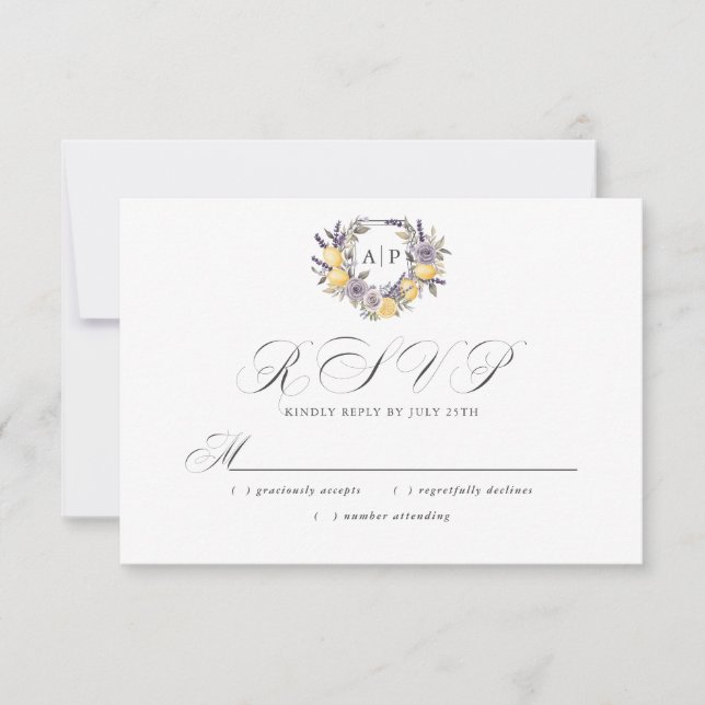 Lavender Lemon Monogram Floral Crest Wedding RSVP Card (Front)