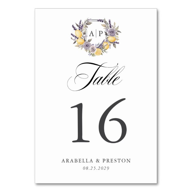 Lavender Lemon Monogram Floral Crest Wedding Table Number (Front)