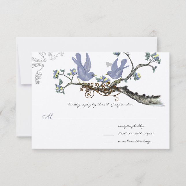 Lavender & Lemon Yellow Vintage Birds Wedding RSVP Card (Front)