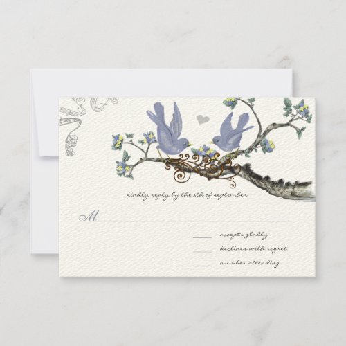 Lavender  Lemon Yellow Vintage Birds Wedding RSVP Card