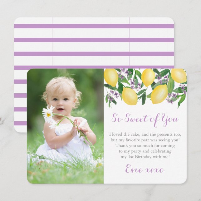Lavender Lemons Little Girl Birthday Party Photo Thank You Card (Front/Back)