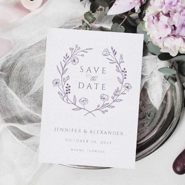Lavender Letterpress Wreath Save the Date Card (Creator Uploaded)