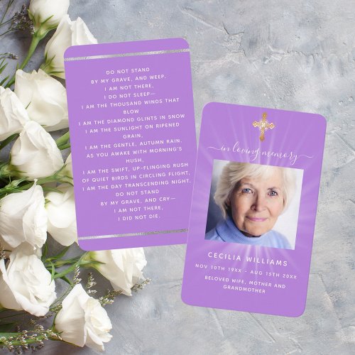 Lavender light photo cross funeral prayer card