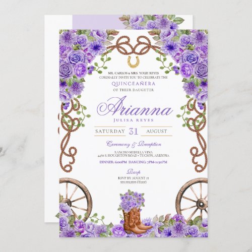 Lavender Light Purple Western Charra Quinceaera Invitation