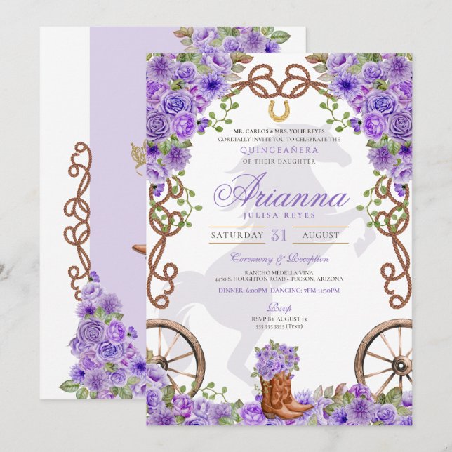 Lavender Light Purple Western Charro Quinceañera Invitation (Front/Back)