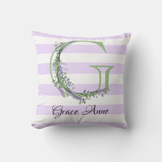 Lavender light purple white strips monogram outdoor pillow (Front)