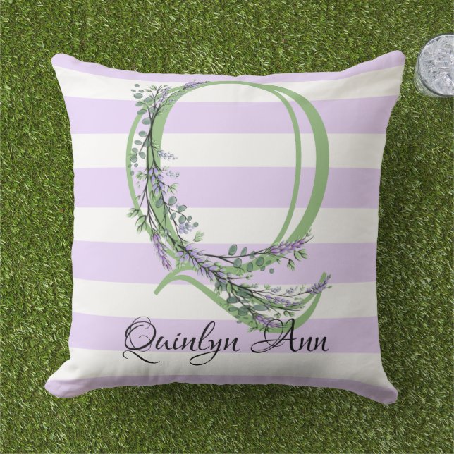 Lavender light purple white strips monogram outdoor pillow (Grass)