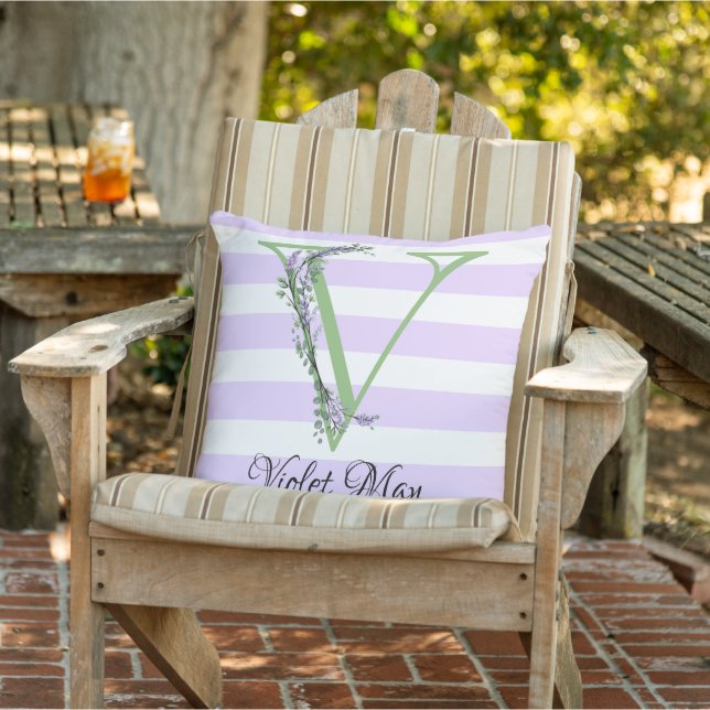 Lavender light purple white strips monogram outdoor pillow (Chair)