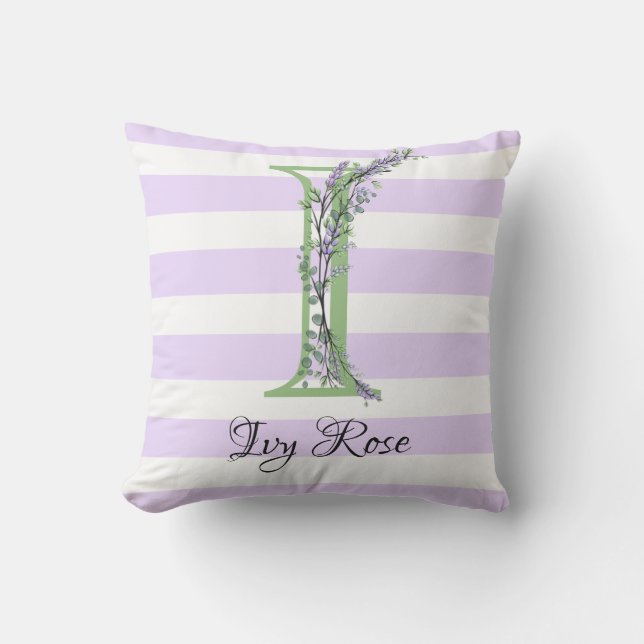 Lavender light purple white strips monogram outdoor pillow (Front)