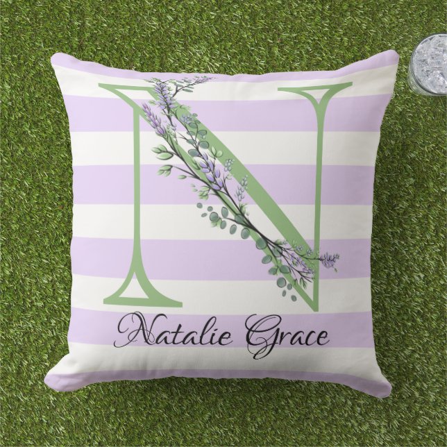 Lavender light purple white strips monogram outdoor pillow (Grass)