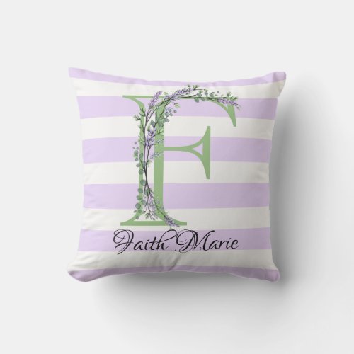 Lavender light purple white strips monogram outdoor pillow