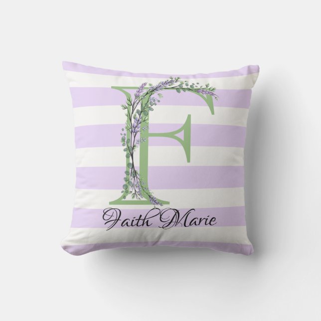 Lavender light purple white strips monogram outdoor pillow (Front)