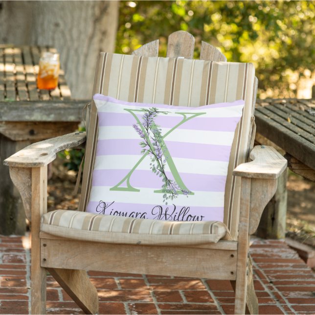 Lavender light purple white strips monogram outdoor pillow (Chair)