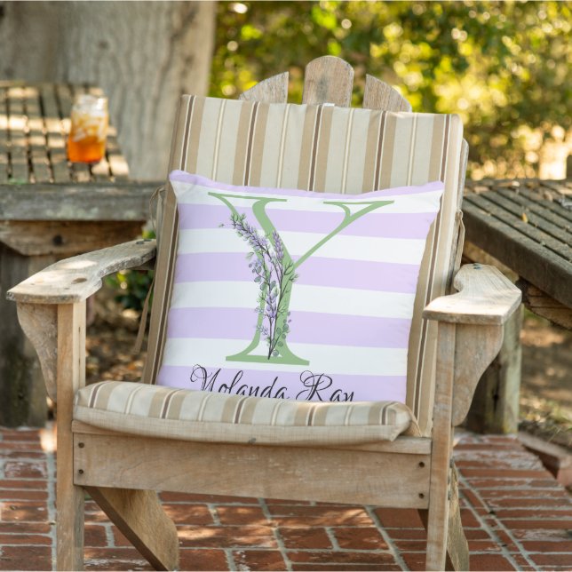 Lavender light purple white strips monogram outdoor pillow (Chair)