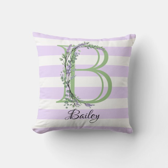 Lavender light purple white strips monogram outdoor pillow (Front)