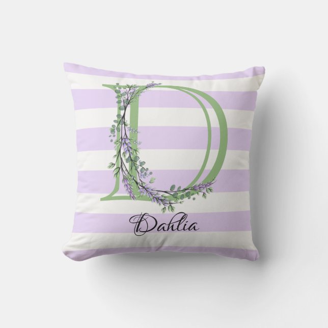 Lavender light purple white strips monogram outdoor pillow (Front)