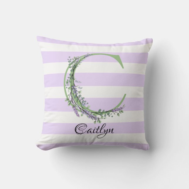 Lavender light purple white strips monogram outdoor pillow (Front)